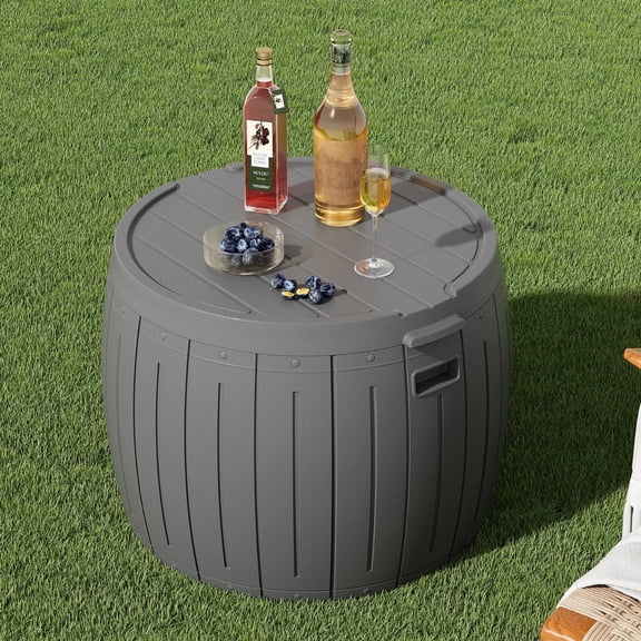 QIYIGUO 33 Gallon Round Deck Box, All-Weather Resin Patio Storage for Cushions, Outdoor Side Table & Small Bench Seat, Gray