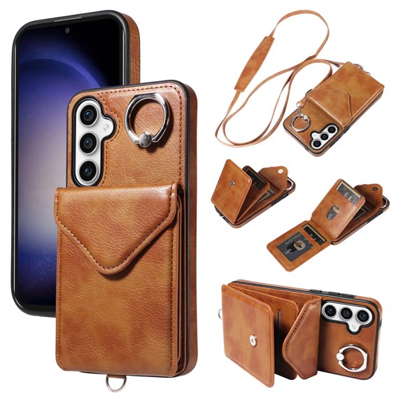 for Samsung Galaxy A15 PU Leather Back TPU Frame Rugged Case, Classic 360 Rotating Ring Kickstand Card Slots Shoulder Strap Drop Protective Slim Fit Shockproof Phone Case Cover, Brown