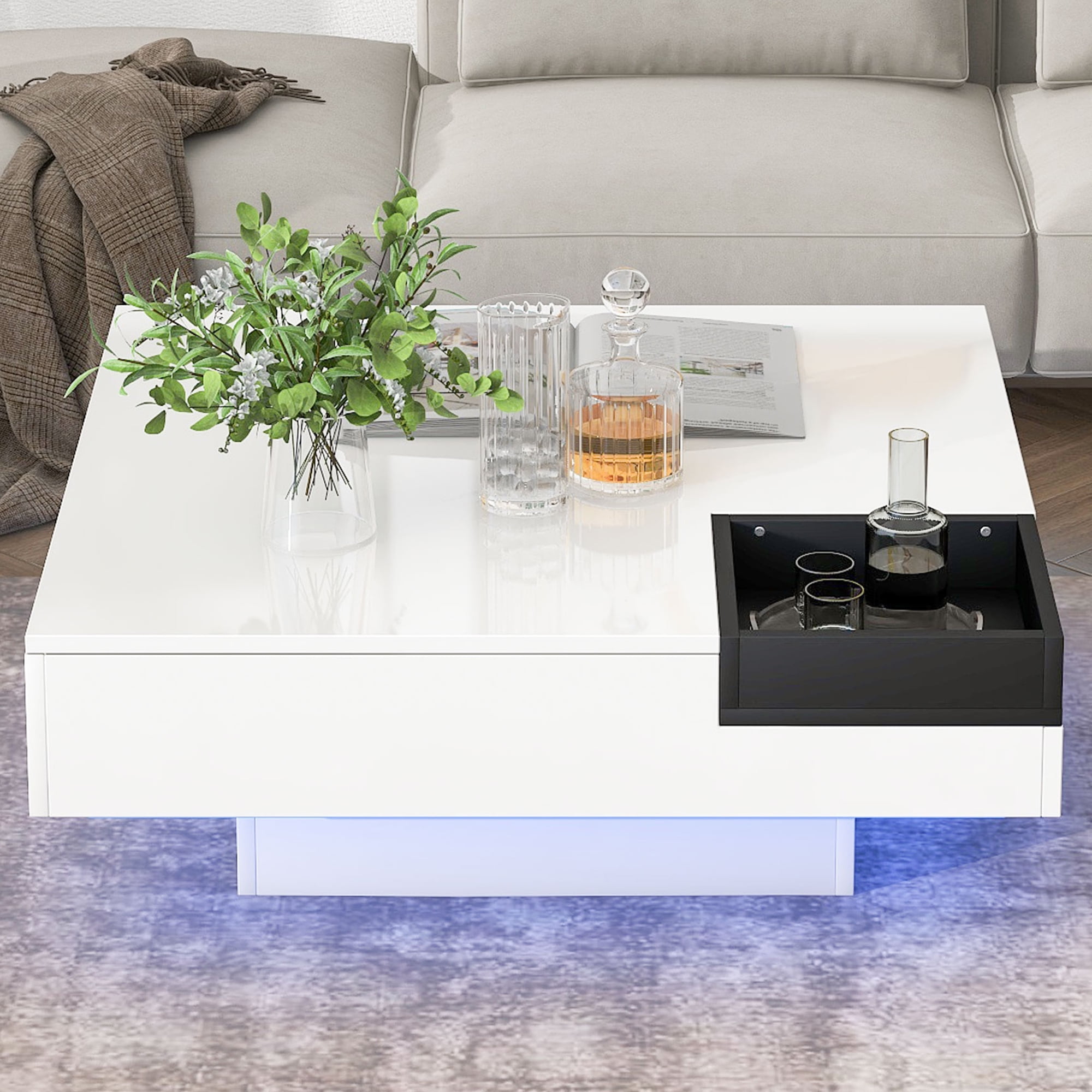 HSUNNS White LED Coffee Table with Detachable Tray, Modern High Glossy