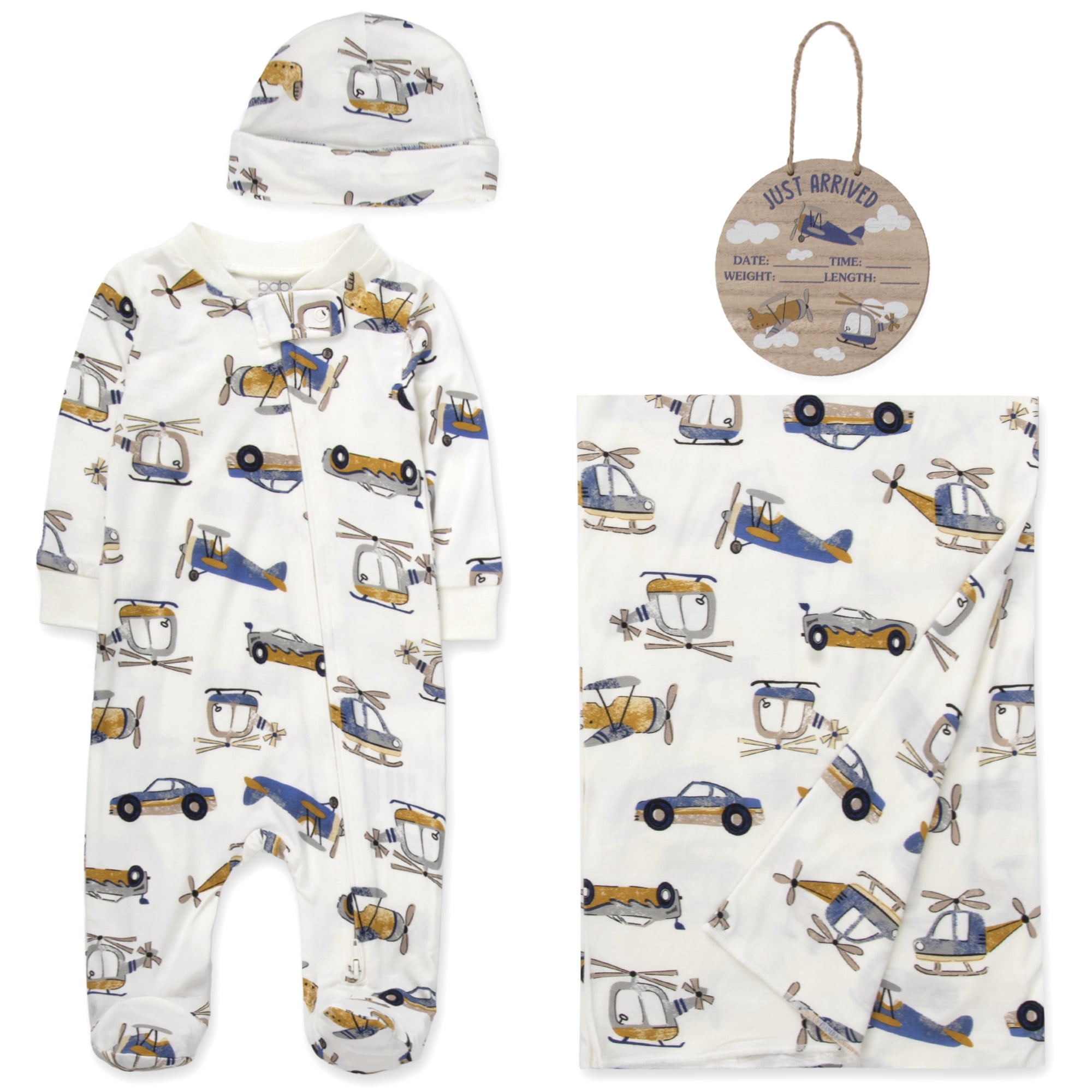 Baby Essentials 0 Months Newborn Boys Romper Footie Gift Set with Hat, Blanket & Wooden "Just Arrived" Announcement Sign in Aviator Airplanes