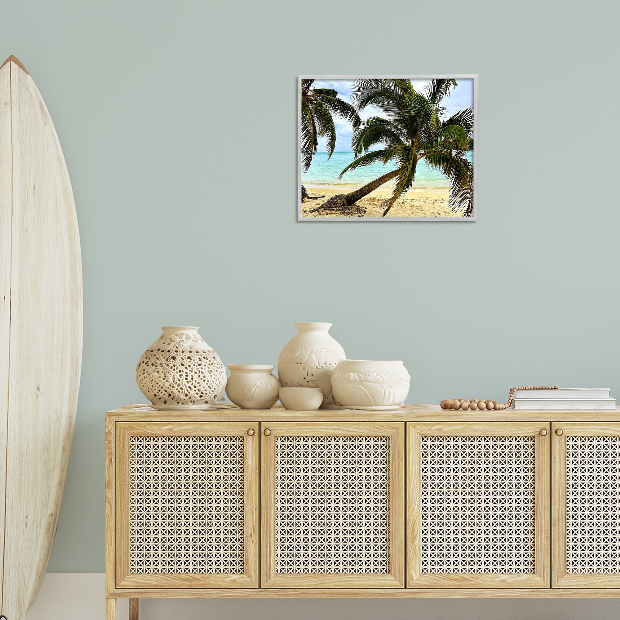 Stupell Industries Leaning Palms on Beach Landscape Photography Gray Framed Art Print Wall Art, 20 x 16