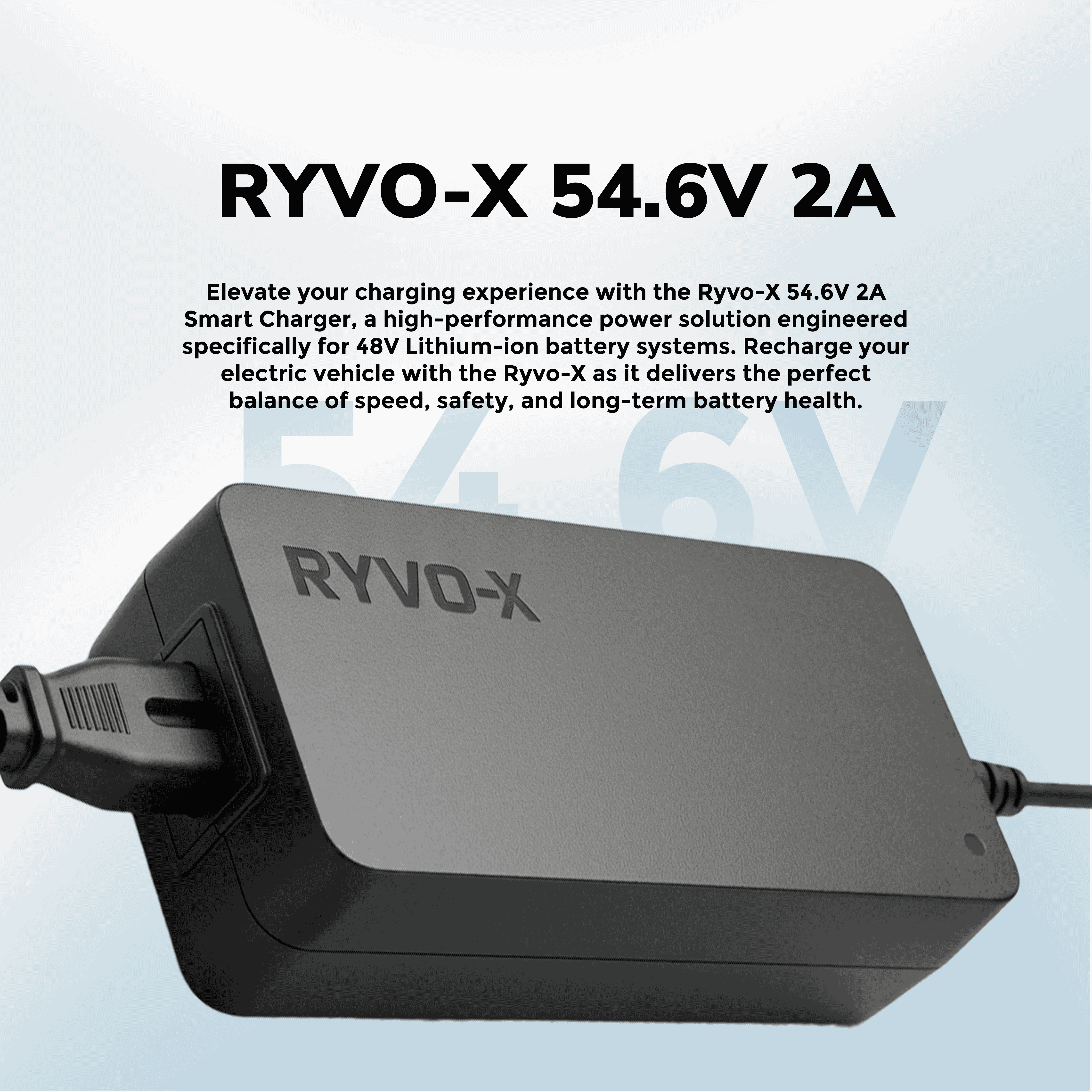 Ryvo-x 54.6V 2A 5.5 x 2.1mm DC Charger for 48V Lithium Ion Battery, UL Certified