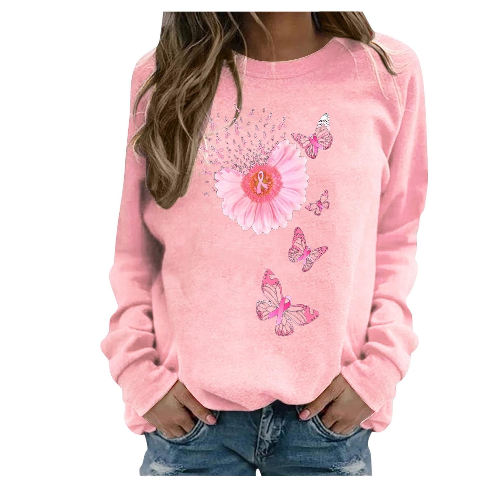 Pisexur Cancer Chandail En Molleton De Sensibilisation Au Du Sein Pour Femmes Ruban Rose Col Rond Manches Longues Chandail-Over Cancer Du Sein Hauts