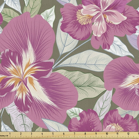 Ambesonne Iris Flowers Fabric by the Yard Upholstery, Dreamy Tropical Scene, 1 Yard, Pastel Pink Pale Green