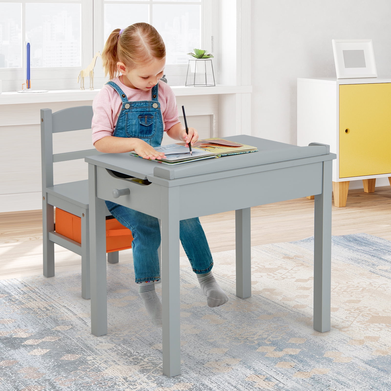 Gymax Kids Table and Chair Set Wood Activity Study Desk w/ Storage Drawer Hook Grey