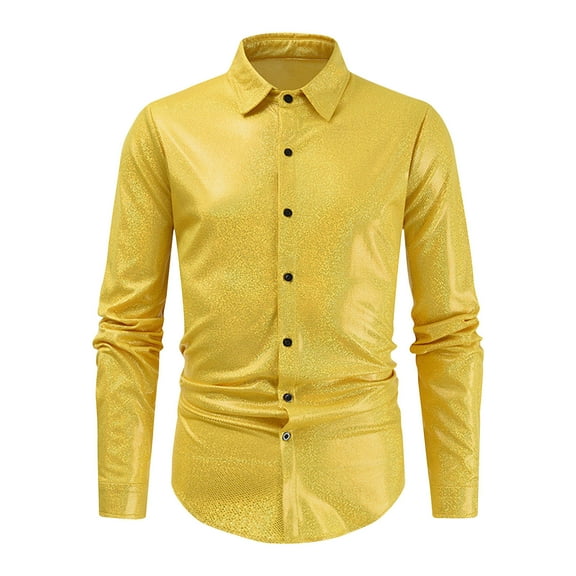 PuLe Men's Metallic Disco Shiny Slim Fit Long Sleeve Button Down Nightclub Party Shirts Christmas Shirt