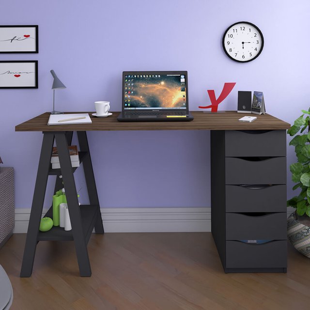 Escritorio Con Librero, Mesa De Computo, Centro De Computo Bertolini Spirit Nogal con Negro