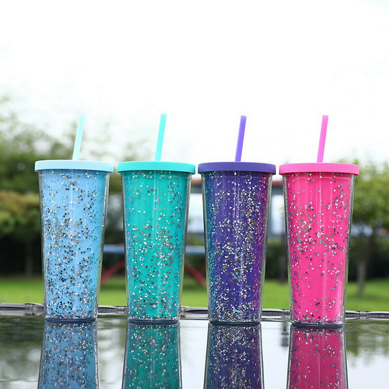 Clear Glitter Double Wall Plastic Tumbler Bubble Tea Reusable Cups Plastic  Coffee Mugs Water Tumbler With Lid And Straw