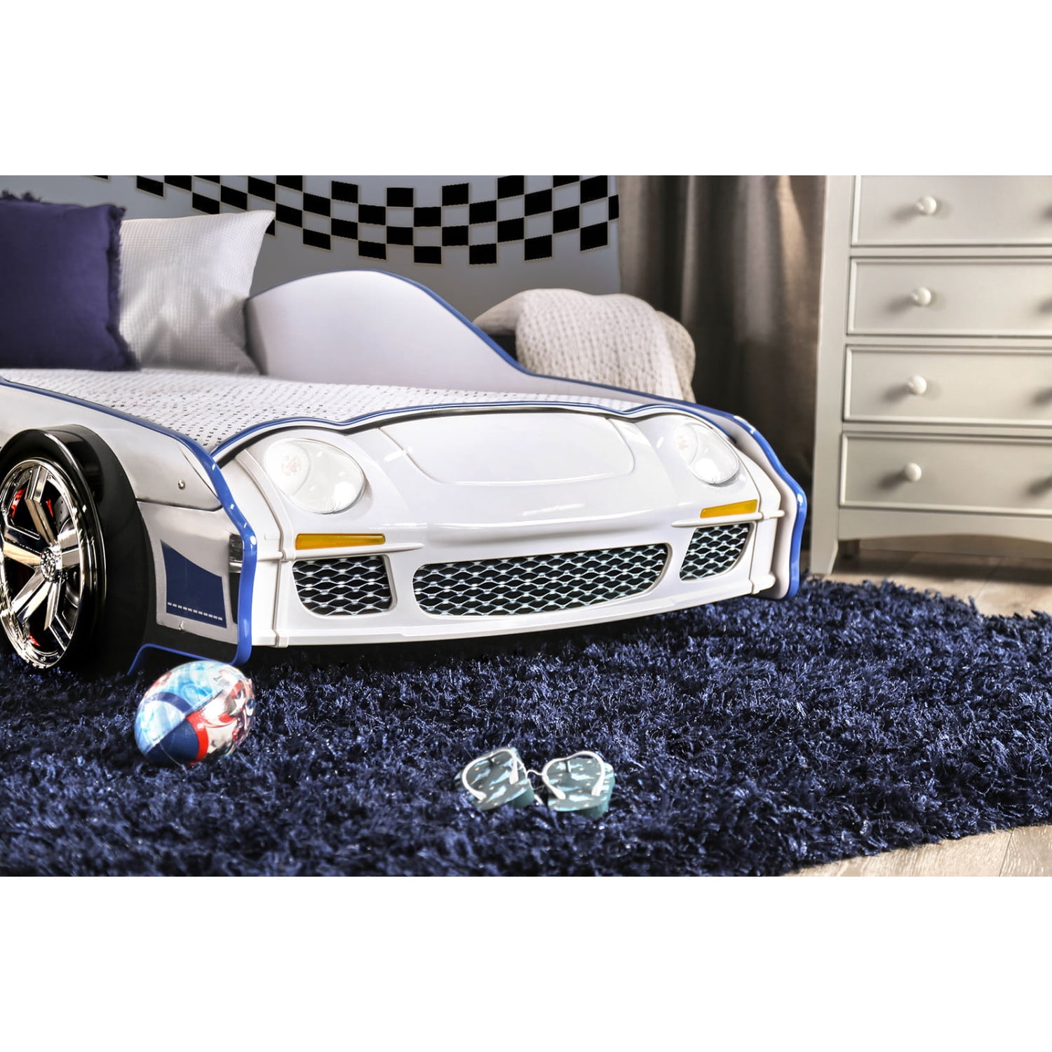 Miekor Furniture Modern Novelty Style Twin Bed Police Car Design With High gloss Design LED Lights On Wheels And Headlights Included Slat Kit Metal Structure Painted Edges Blue And White Finish MK3642