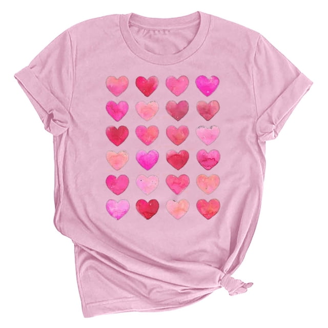 Meichang T-Shirts Cœur d'Amour pour Femmes T-Shirts de la Saint-Valentin Imprimé Cœur Manches Courtes Hauts Mignons Col Rond Cadeaux de la Saint-Valentin pour Femmes
