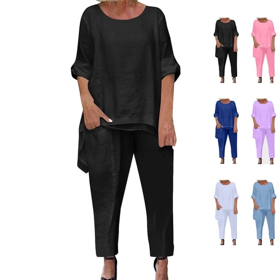 Summer Fashion Two Piece Sets for Women Dressy Plus Size Solid Color Round Neck Short Sleeve And Pants Sets With Pockets