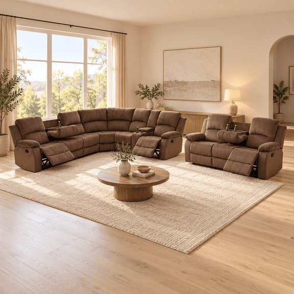 Brown Pineapple Fabric Living Room Intelligent Recliner Sofa Set