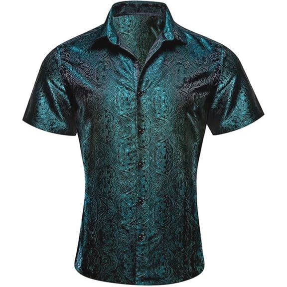 Wuxian Men Shirts Silk Short Sleeve Button Down Floral Embroidery Printed Solid Color Fashion Top With Unique Design Breathable Turndown Collar Casual Dress Shirt Party Blouse,Army Green,XL