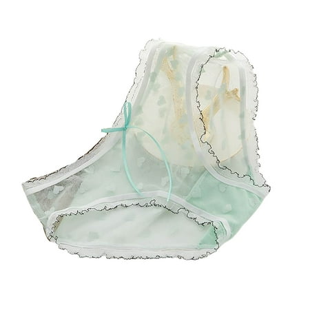 

HEVIRGO Low-Rise Bowknot Decor Heart Print Transparent Women Panties Net Yarn Lace Patchwork Briefs