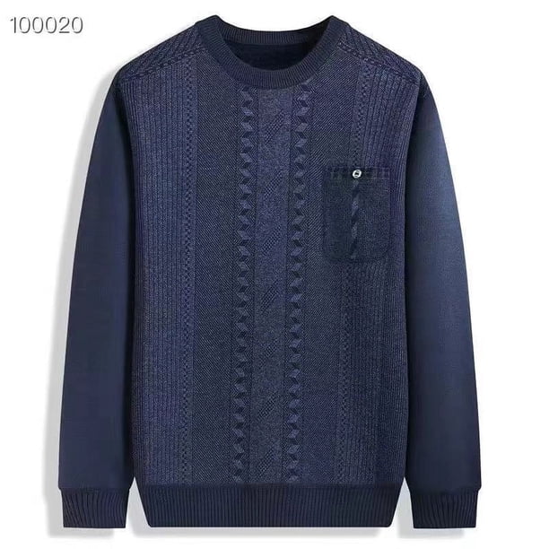 Suéter de invierno para hombres de mediana edad y mayores, suéter combinado más suéter de cuello redondo acolchado de terciopelo