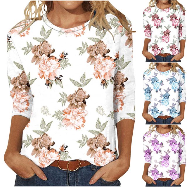 SYVGVA Blouse Courte d'Été pour Femmes, Haut Grande Taille pour Femmes, T-shirt Imprimé Mode pour Femmes Blouse Manches 3/4 Col Rond Décontracté, Rose, TG