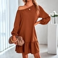 thumbnail image 2 of Vestido de invierno de manga larga con hombros descubiertos, color puro, dobladillo de encaje, vestido informal para mujer para otoño, rojo pardusco S, 2 of 7