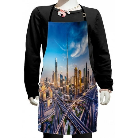 

City Kids Apron Panoramic View of Dubai Cityscape High Rise Buildings Traffic Roads Boys Girls Apron Bib with Adjustable Ties for Cooking Baking Painting Blue Ivory Marigold by Ambesonne