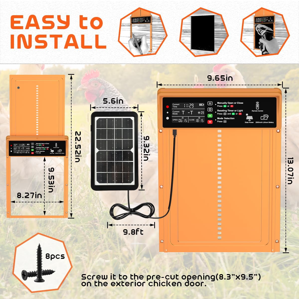 Pet Deluxe Automatic Chicken Coop Door Solar Powered Automatic Chicken Door with Timer & Light Sensor, Anti-Pinch, Durable Aluminum Auto Chicken Door, Charge with Solar Panel & USB