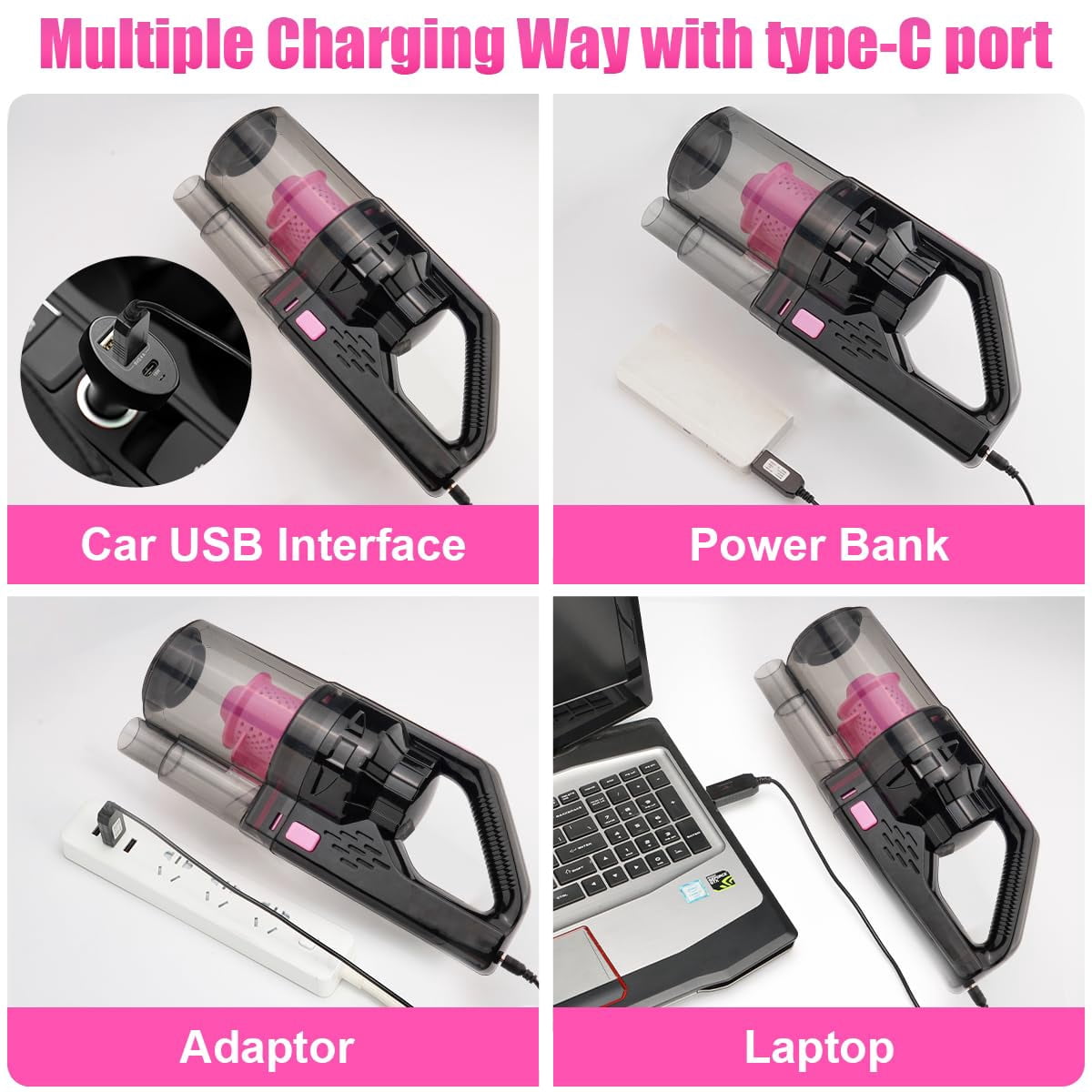 Viewsun Car Vacuum Cordless Rechargeable, 8000PA High Power Handheld Vacuum Cleaner with 17PCS Car Cleaning Kit, Pink Auto Accessories for Women Gift