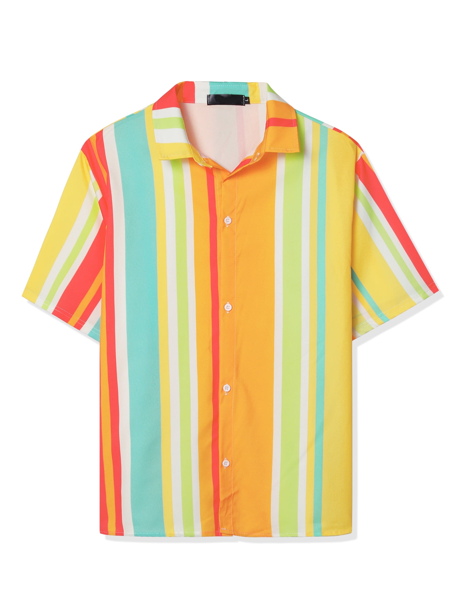 Unique Bargains Men's Summer Striped Shirt Short Sleeve Button Down Beach Shirts S Orange Green Yellow