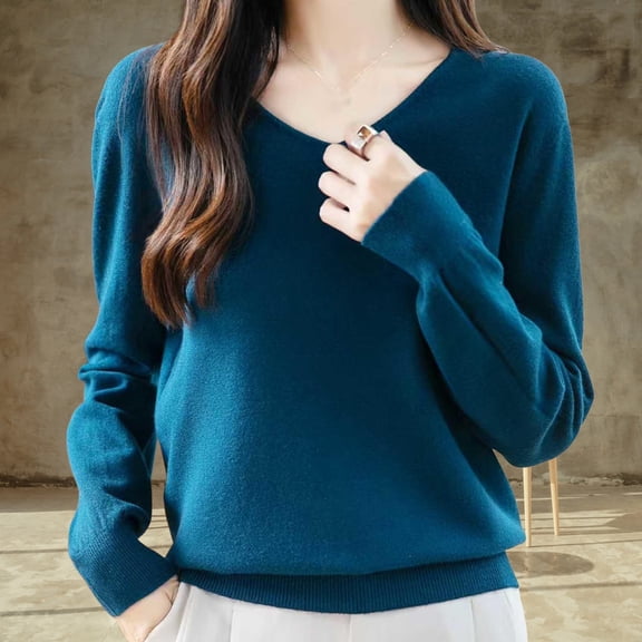 Aueoeo Women's Casual V-Neck Sweater Solid Color Basic Knitted Sweater Fashion Outfit Basic Classic Loose Sweater