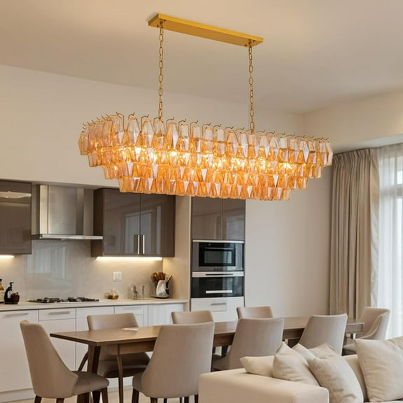 TICOZE 54" Modern Gold Rectangle Chandelier with 188 Smoke Glass Tubes - 12-Light Farmhouse Pendant Lighting for Kitchen Island, Dining Room and High Ceilings