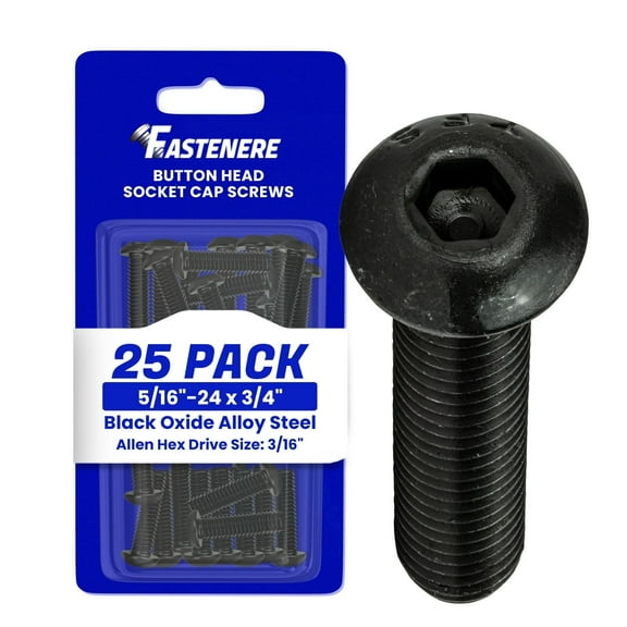 Fastenere Button Head Socket Cap Screws - 5/16-24 x 3/4" (25-Pcs) Alloy Steel, Fully Threaded, Fine Black Oxide Finish, Corrosion-Resistant, Machine Thread, Easy to Install w/ Allen Hex Drive