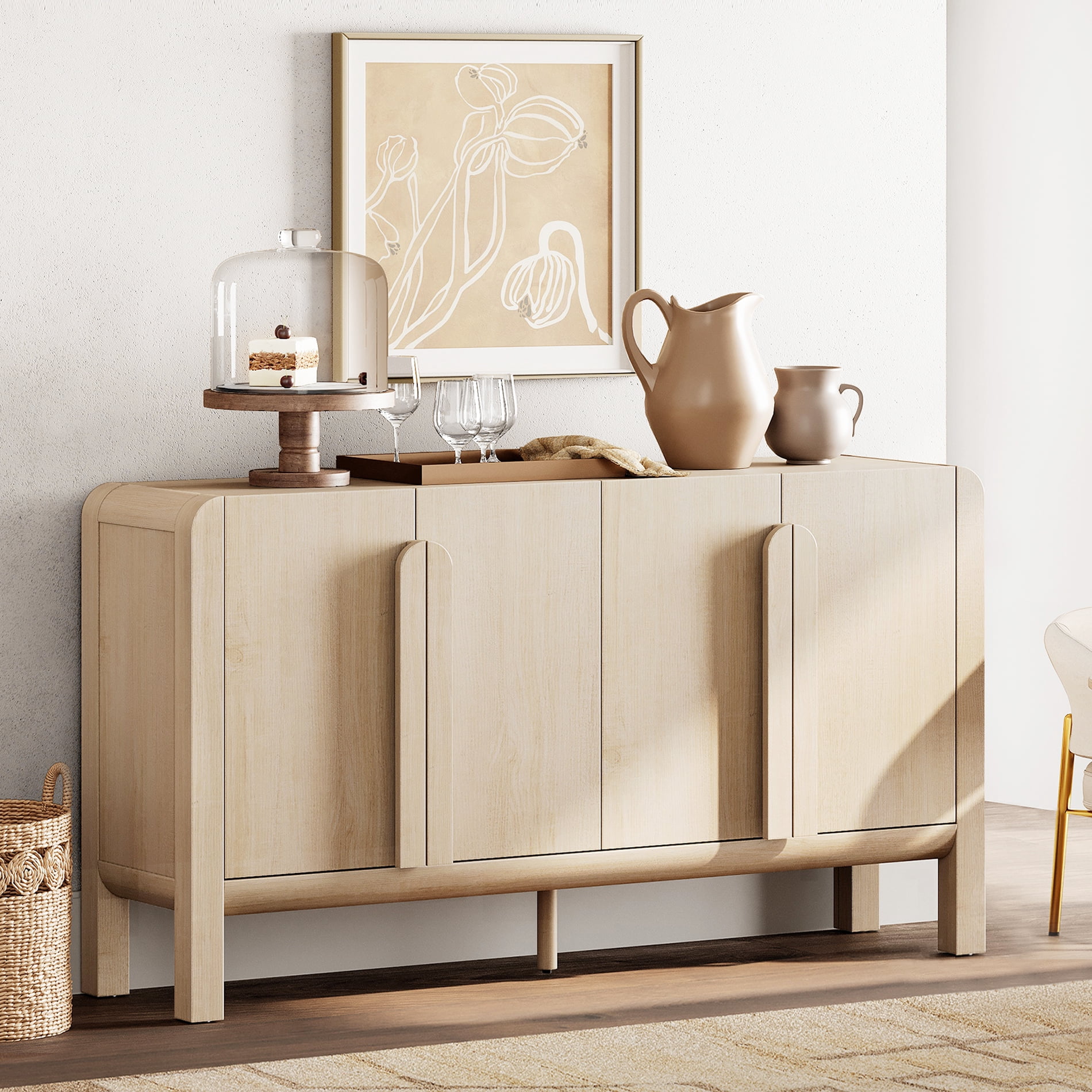 Mid-century 63" Wood Sideboard Buffet Cabinet with Storage, Modern Credenza with Doors and Adjustable Shelves for Kitchen Living Room, Dining Room