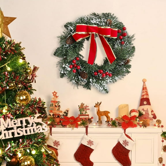 13.8" Lighted Christmas Wreath with Bowknot, Pine Cones & Baubles – Handmade Green Holiday Door Swag with LED Lights, Realistic Pine Needles, and Red Accents for Indoor & Outdoor Festive Decoration