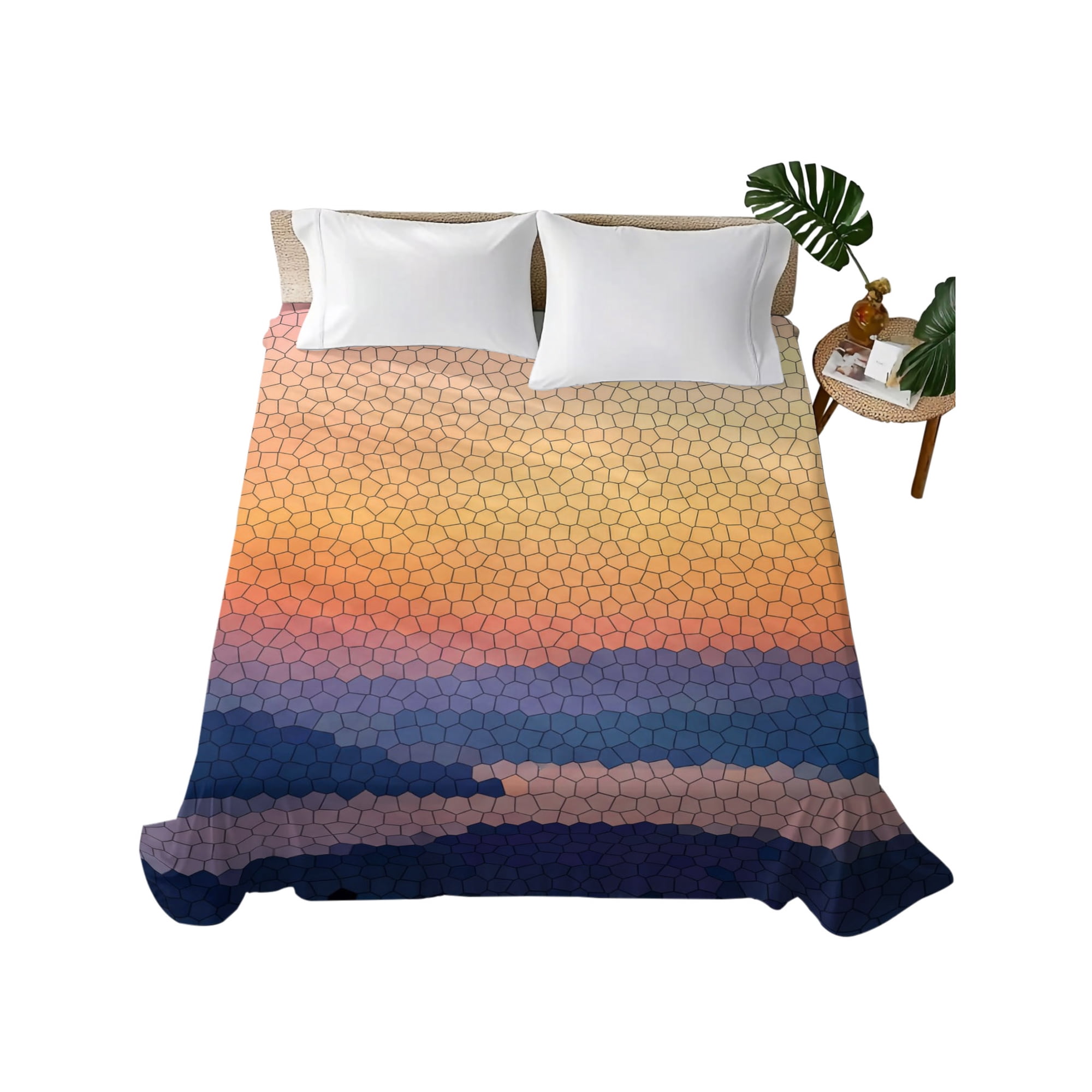 King Flat Sheet Orange Hexagonal Tiles Flat Sheets Only Soft Breathable Microfiber Bedding Top Sheets Luxury Hotel Quality Ombre Honeycomb King Bed Sheet for All Season Bedroom Dorm Home Decor