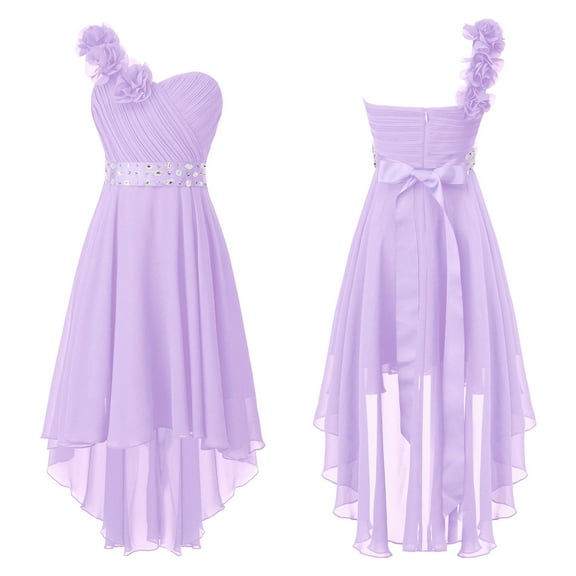 renvena Kids High Low Flower Girls Dress One Shoulder Sparkly Rhinestone Chiffon Bridesmaid Wedding Party Gown