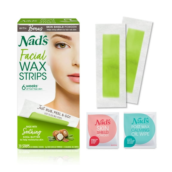 Nad's Facial Wax Strips 20 Pack for Women's Facial Hair Removal With 4 Calming Oil Wipes   Skin Protection Powder