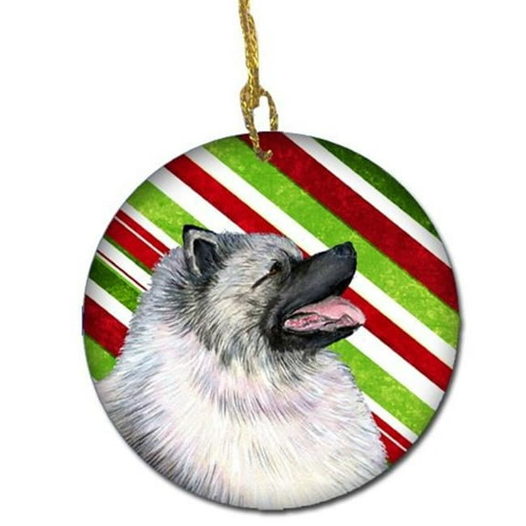 Keeshond Candy Cane Holiday Christmas Ceramic Ornament