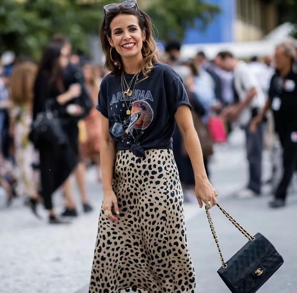 Leopard Skirt for Women Midi Length High Waist Silk Satin
