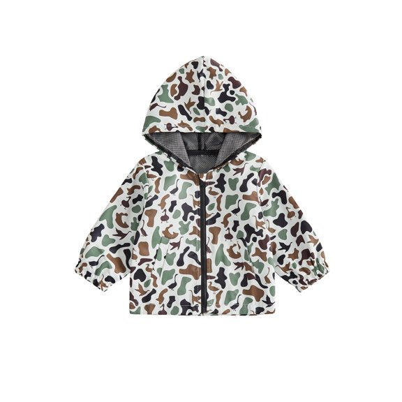 Chaqueta infantil con bolsillos, estampado de camuflaje, cierre de cremallera frontal, capucha y manga larga.