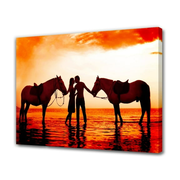 Romantic Couple Riding Horses on The Beach Canvas Poster Bedroom Decor Sports Landscape Office Room Decor Gift,Frame-style,12x18inch(30x45cm)