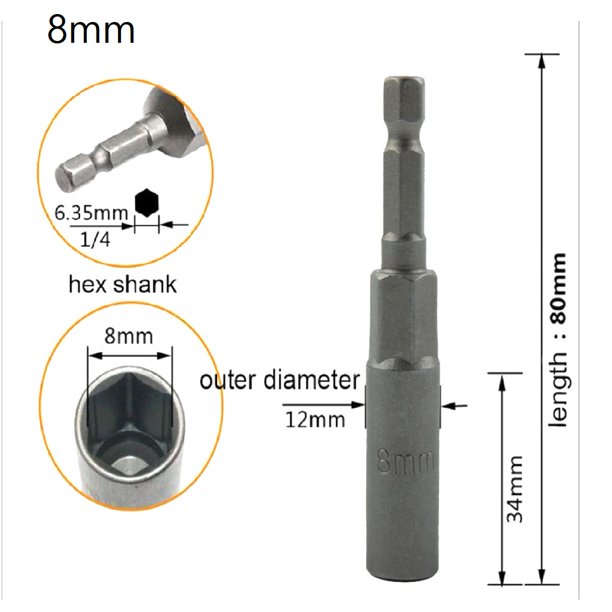 Destornillador de tuerca magnética con enchufe de impacto de 5,5-19mm, adaptador de broca con llave hexagonal de 1/4 ", toma de accionamiento de 80mm de longitud, 1 ud.