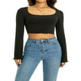 thumbnail image 1 of Square Neck Long Sleeve Crop Top for Women Sexy Basic Ribbed Tee Shirts Y2k Tops, 1 of 5