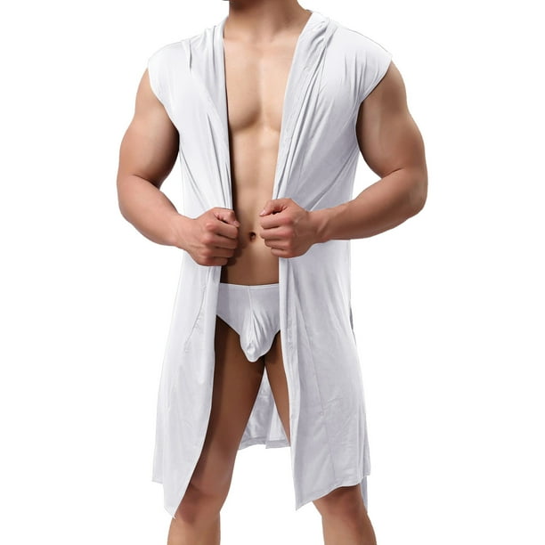 Mens Pajamas Adult Male Gift Boy Mens Light Solid Color Sexy Silky Hat Sleeveless Housewear Bathrobe Clothes White M Walmart