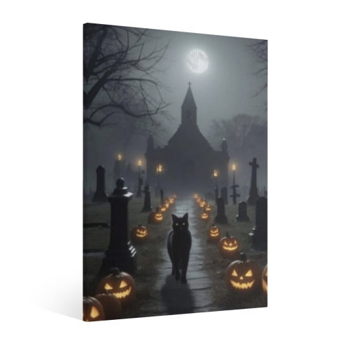 Vintage Halloween Black Cat, Castle, Pumpkin,Canvas Wall Art Painting,Horror Creepy Dark Poster,Gothic Artwork Picture Print Decor, Spooky Ghost Wall Decor for Bar Living Room Bedroom Party Framed