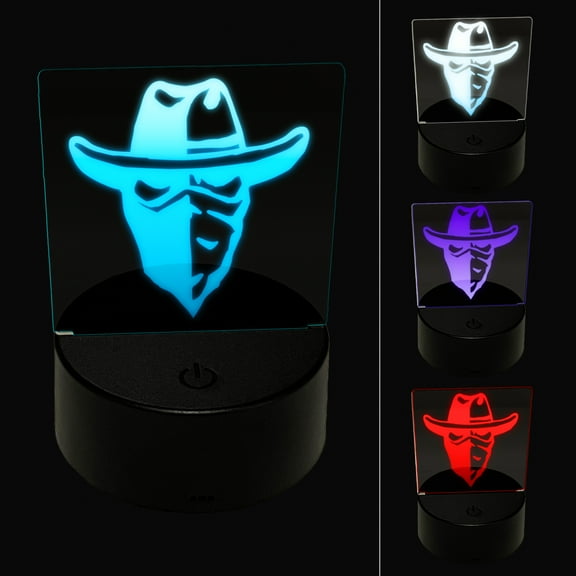 Masked Cowboy Bandit Highwayman with Hat and Bandana LED Night Light Sign 3D Illusion Desk Nightstand Lamp