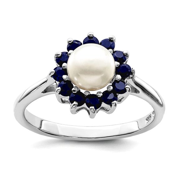 925 Sterling Silver Polished Rhodium 6mm Freshwater Cultured Cult Button Pearl and Sapphire Ring Size 6 Ring for Women