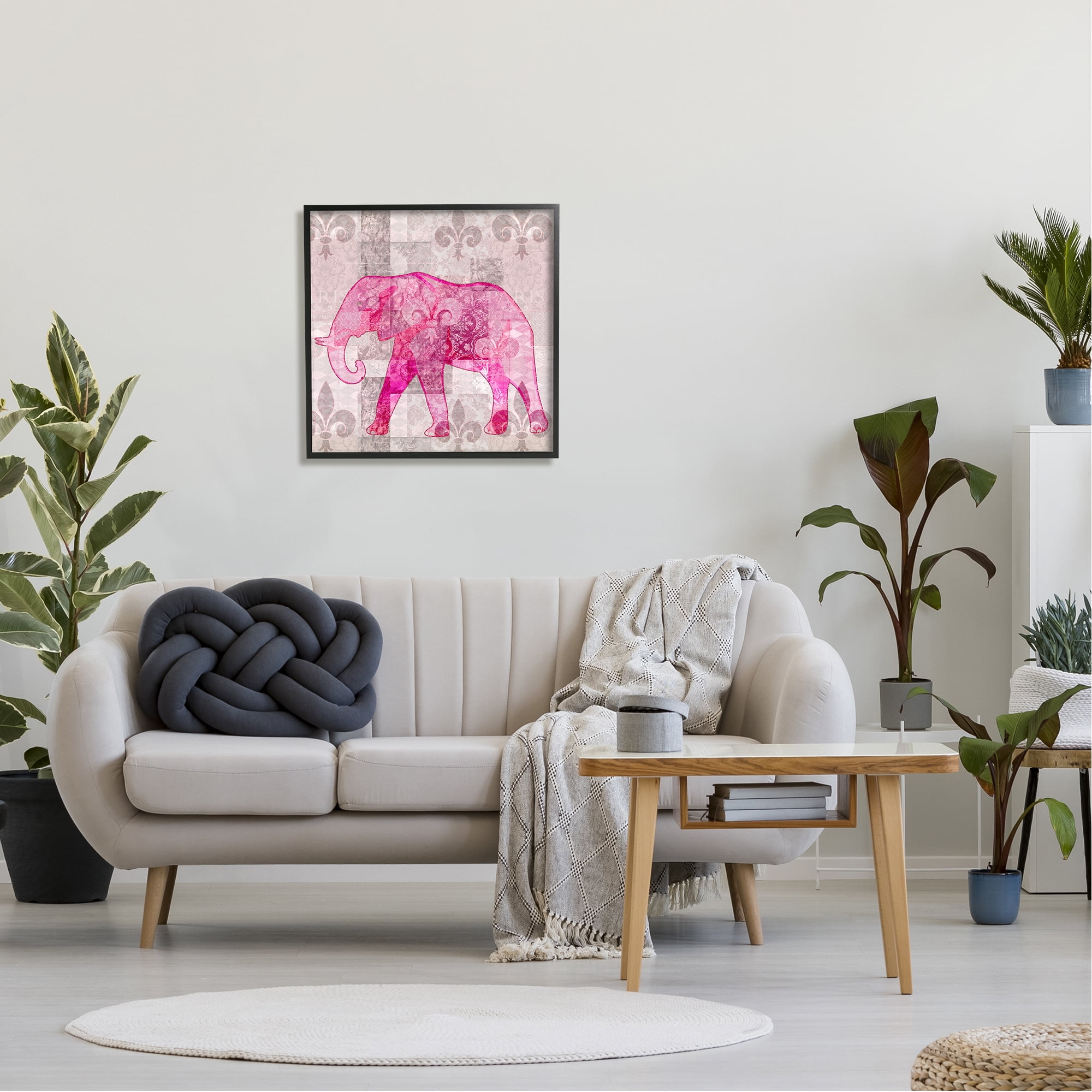 Stupell Fleur De Lis Pink Elephant Pattern Animals & Insects Painting Black Framed Art Print Wall Art