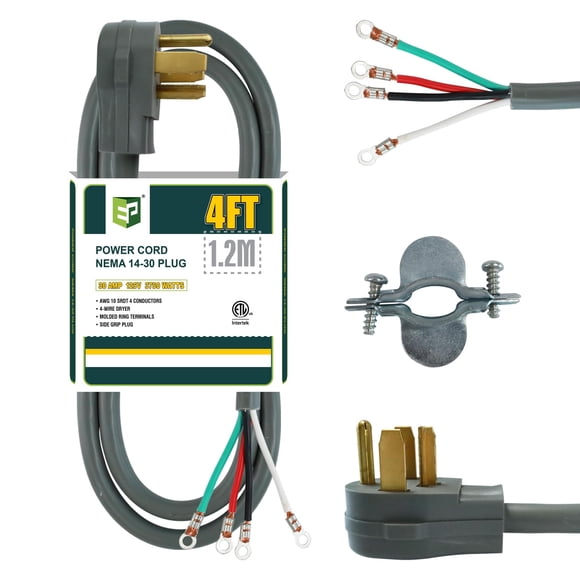 Cable de secado EP de 4 clavijas, 30 amperios, 10/4 SRDT, 1,2 m, NEMA 14-30, gris