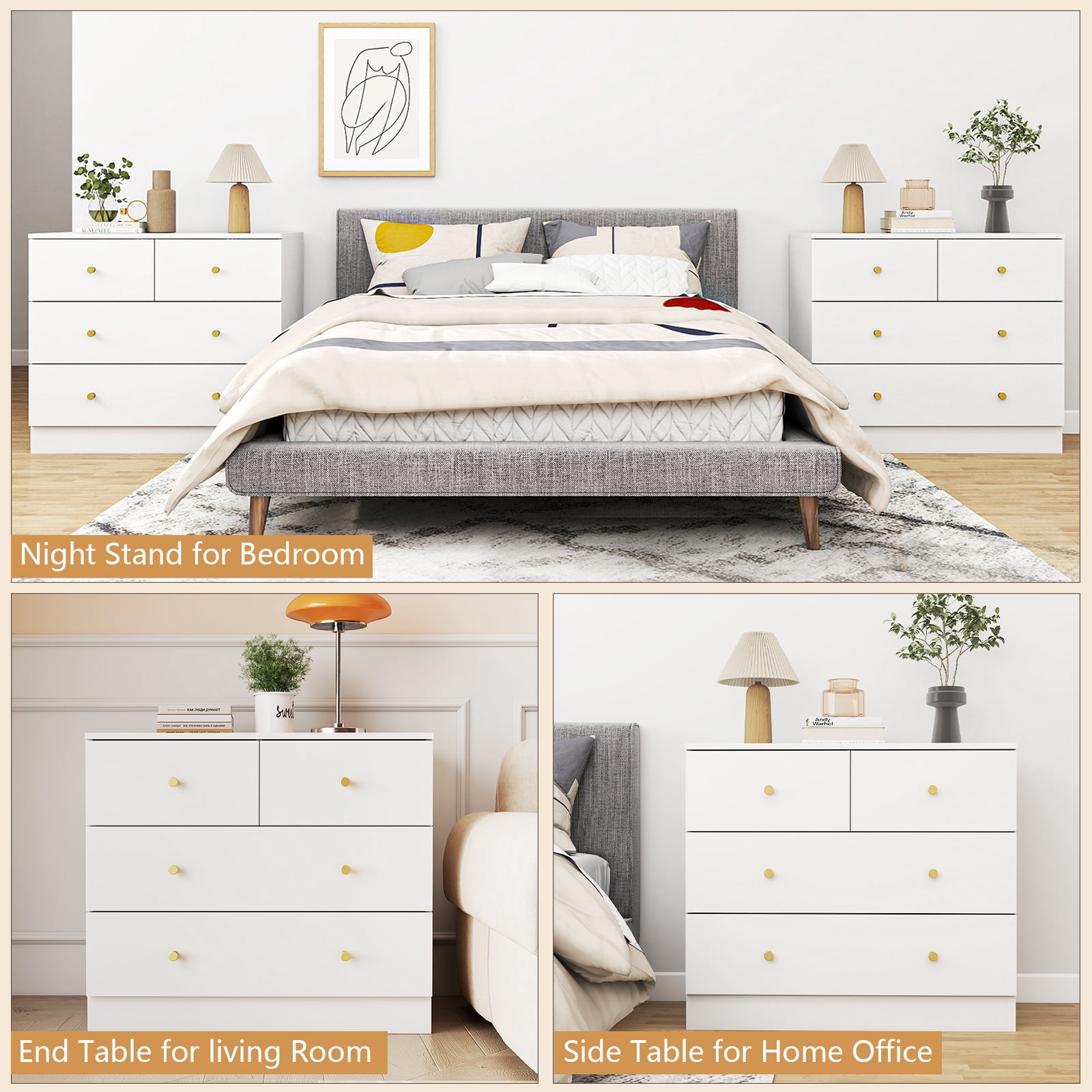 GVN Bedroom Dresser, Chest of Drawers, Modern Simple 4-Drawer Dresser for Bedroom, Living Room, White