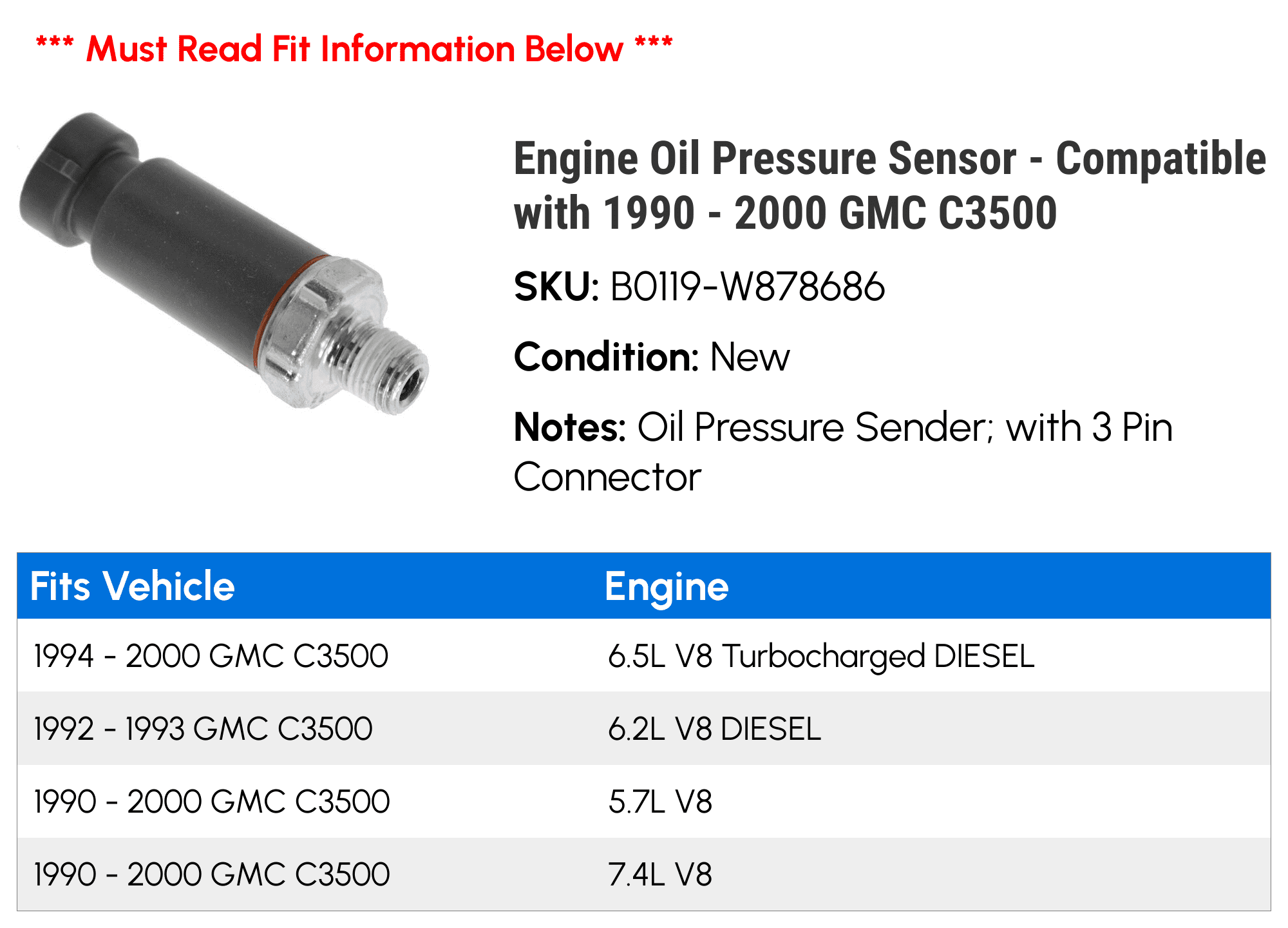 Engine Oil Pressure Sensor - Compatible with 1990 - 2000 GMC C3500 1991 1992 1993 1994 1995 1996 1997 1998 1999