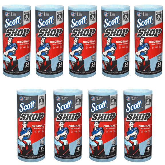 9 Rolls Scott Original Blue Shop Towels, 55 Sheets per Roll, Blue Paper Towels, Total of 495 Sheets of Scott Shop Towels