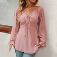 thumbnail image 5 of YYDGH Women's V Neck Drawstring Ruched Tops Puff Long Sleeve Ruffle Cuff Shirts Solid Color Casual Blouses Pink XL, 5 of 5