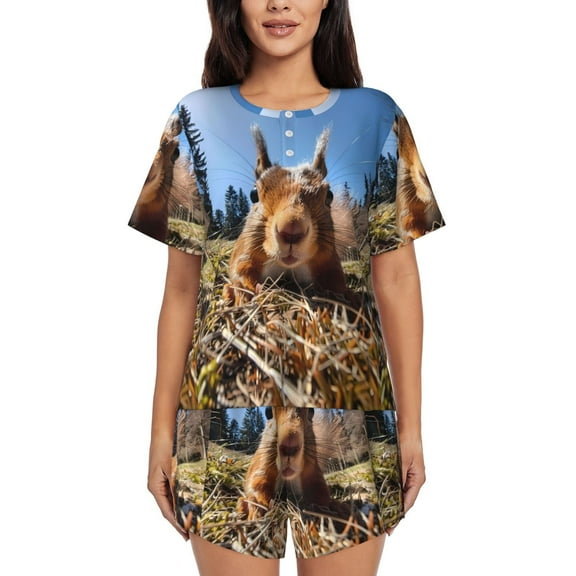 Logiee Close-Up Curious Squirrel Print Womens Pajamas Set,Short-Sleeve Pajama 2 Piece Sleepwear with Pockets-Small